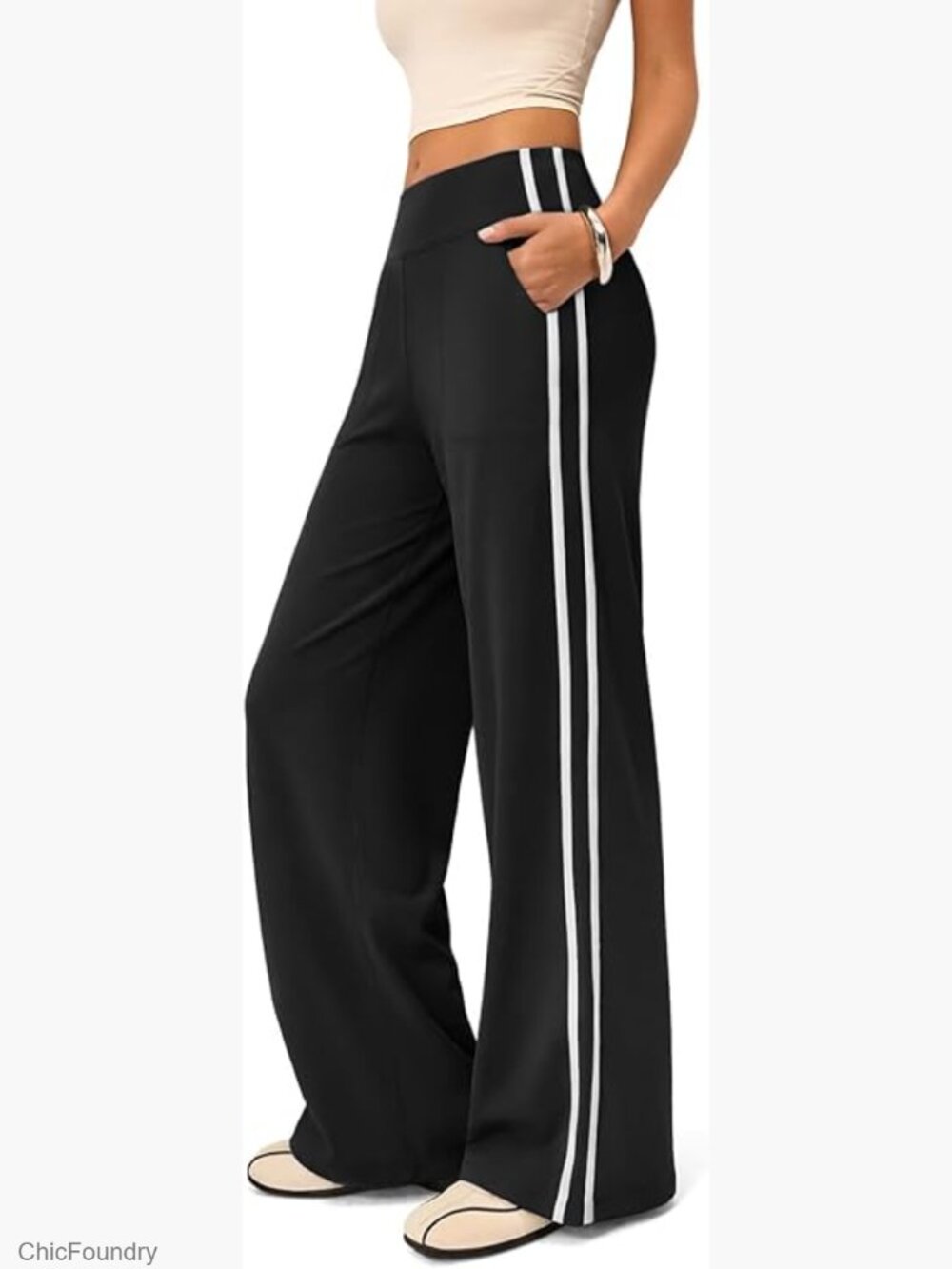 High Rise Wide Leg Track Pants with Pockets for Gym Yoga Streetwear